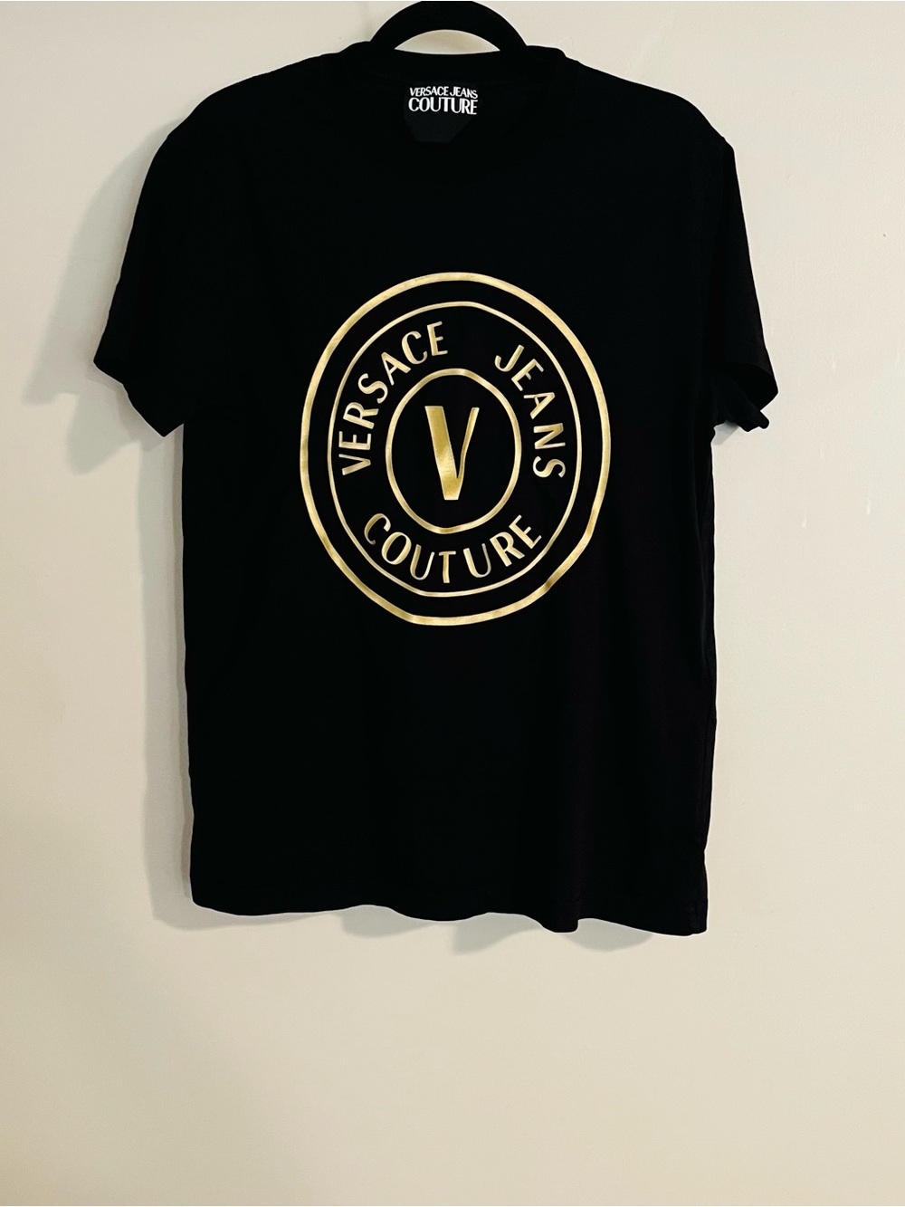 Versace Jeans Couture Men’s Classic Black Cotton Gold Tone Logo Shirt Size L